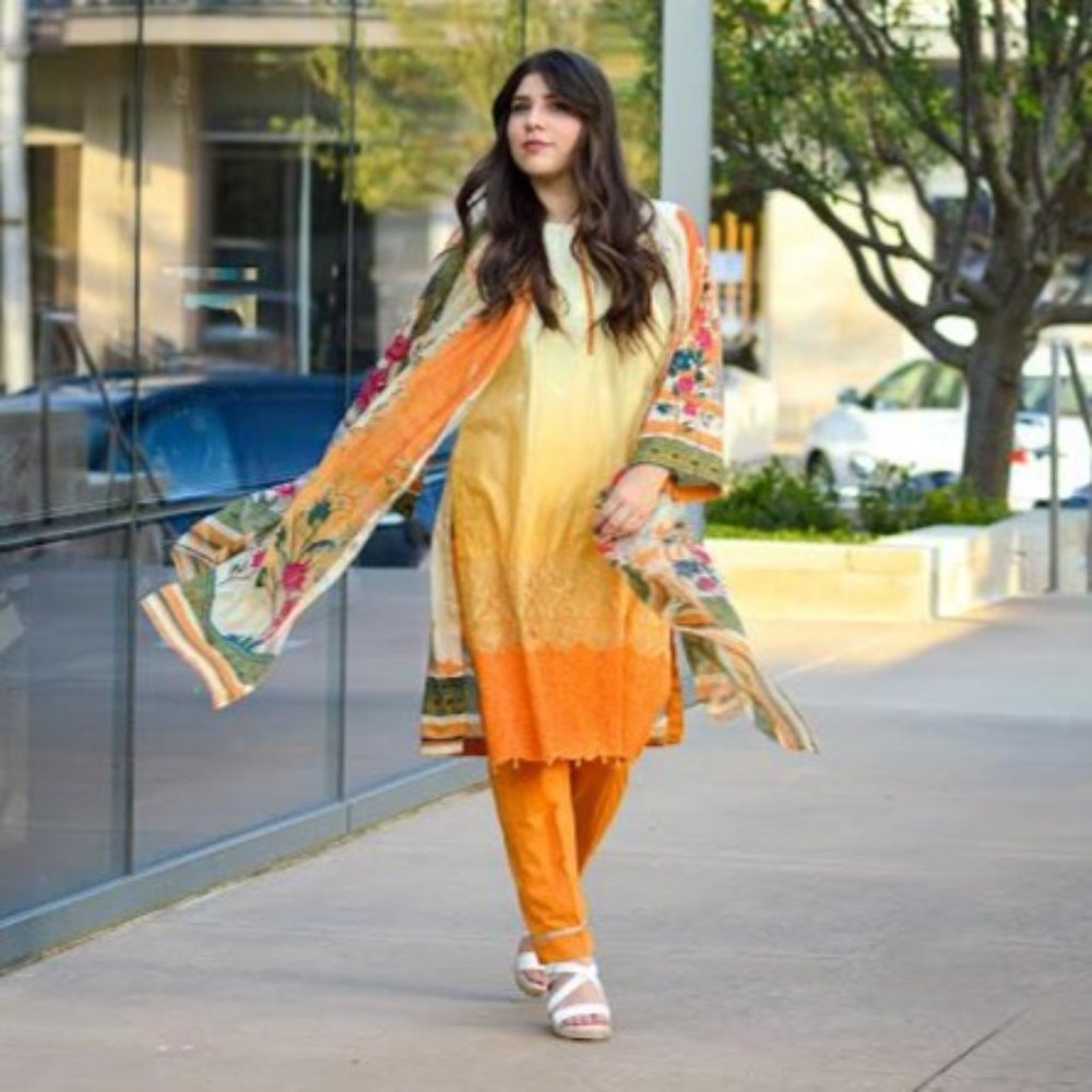 3-Pc Chikankari Beige-Yellow-Orange Gradient